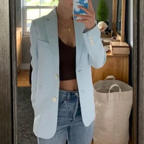 MAJE Paris Vizane Linen Blend Twill Blazer US M 38 Light Sky Blue Designer $385 - Picture 2 of 16